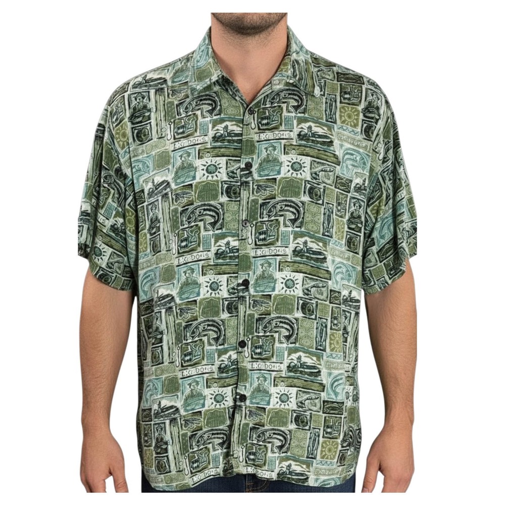 Big Dogs Hawaiian Shirt XL‎ Fishing Fish Boats Lures Reels Olive Green Aloha